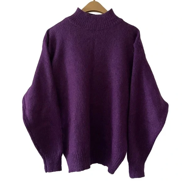 VTG Cherry’s 80s Womens Plum Purple Wool Sweater Colorful Grannycore Mockneck - Picture 1 of 6